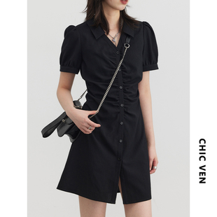 CHICVEN「夏日度假」韩版 V领收腰肌理感黑色连衣裙女夏季 新款