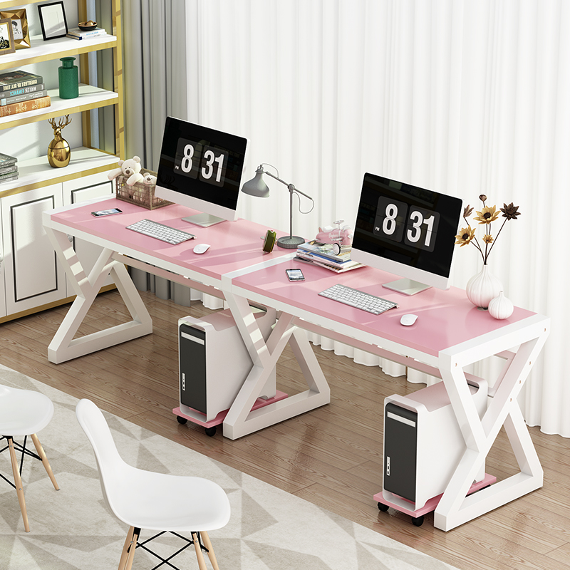 现代简约双人电脑桌台式 家用粉色电竞长条书桌经济型办公桌写字台