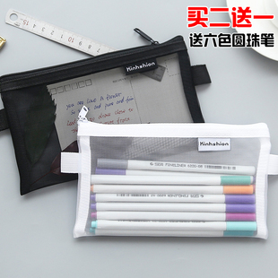 韩国简约笔袋女透明网纱网格考试铅笔袋男大容量文具袋收纳文件袋