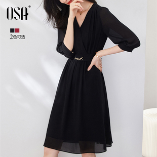 OSA欧莎 优雅气质黑色雪纺连衣裙女2024年夏装 新款 高级感v领裙子