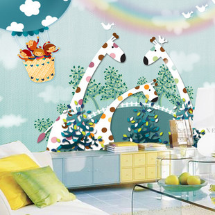 卡通动物背景墙纸儿童房长颈鹿客厅卧室墙体壁纸定制气球大型壁画