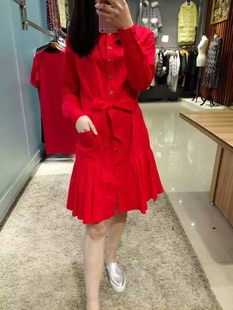 红色衬衣裙 腰间系带 16款 百褶裙摆品质现货热卖 单排扣