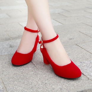粗跟高跟鞋 新娘鞋 红色结婚鞋 婚礼红鞋 大小码 中跟孕妇鞋 子中式 秋季