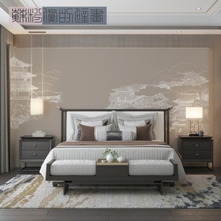 新中式 线条建筑古风电视背景墙壁纸卧室客厅宾馆床头艺术墙布壁画