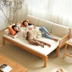 实木推拉床小户型客厅日式 简约北欧U沙发床折叠两用 罗汉床新中式