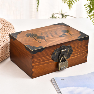 木箱子复古带锁收纳盒长方形实木收藏盒桌面整理小木盒密码 储物箱