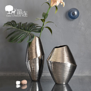 现代轻奢几何银色陶瓷花瓶摆件客厅插花玄关电视柜样板间创意花器