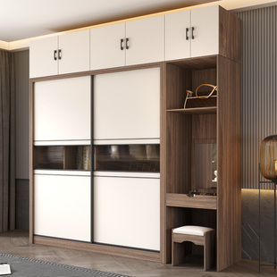 新款 北欧推拉移门衣柜家用卧室现代简约书桌带妆台一体玻璃门木质