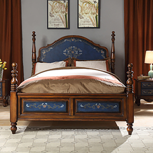 极速美式 乡村实木简约彩绘复古罗马柱双人床单人床床头柜卧室地中