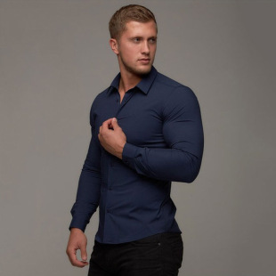 立领弹力薄款 纯色运动休闲开衫 肌肉男健身长袖 衬衫 上 商务衬衣潮式