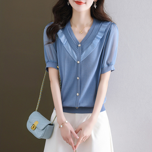 韩国雪纺短袖 女装 V领遮肚子大尺码 T恤冰丝针织衫 新款 2024夏季
