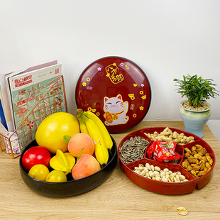 五和密胺中式 招财猫红色带盖圆形客厅家用分格零食糖果过年干果盒
