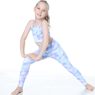 印花儿童瑜伽服套装 女孩健身弹力速干运动女童跑步打球训练服 新款