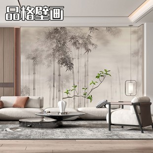 3D新中式 意境客厅沙发背景墙纸茶室壁纸古风水墨竹林仙鹤壁画墙布