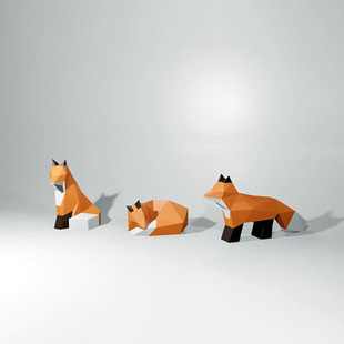 3款 小狐狸 可爱桌面立体纸艺创意摆件装 饰品DIY手工动物纸模型