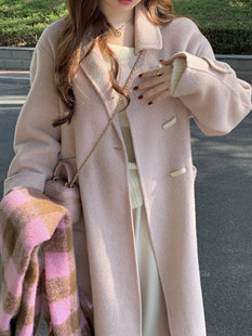 韩版 皮粉色大衣全羊毛手工双面尼外套女2022秋冬款 糖安妮 中长款