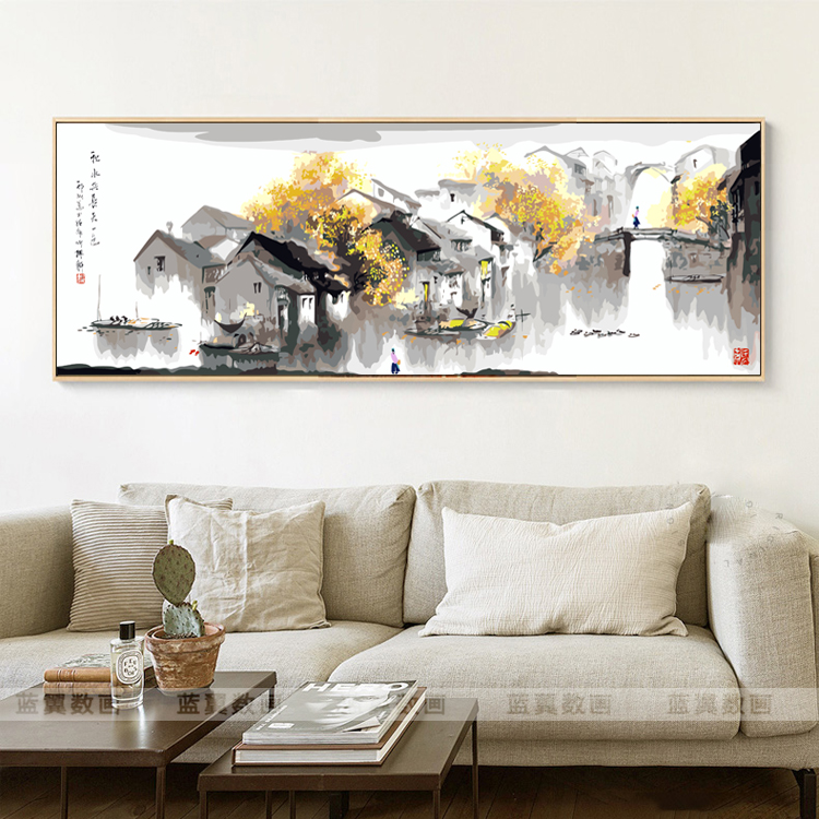 横版 江南烟雨大幅diy填色数字油画中式 风景中国风客厅装 饰画古风