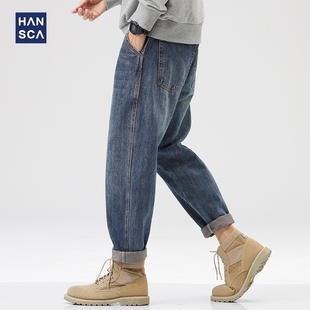 款 深蓝色牛仔裤 hansca2022秋冬季 宽松直筒长裤 子男 男加绒复古美式