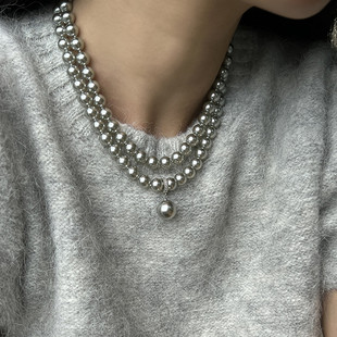 一款 多戴 轻奢双层长款 银灰施家珍珠项链小众高级感毛衣链 法式