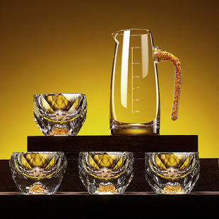 家用金箔水晶玻璃金山分酒器小一口酒盅礼盒装 创意钻石白酒杯套装