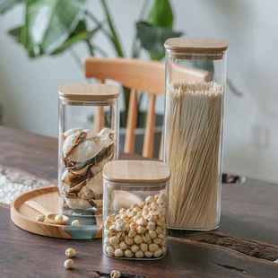 竹盖方形陈皮杂粮储物罐玻璃透明厨房家用收纳罐日式 咖啡豆密封罐