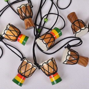 非洲鼓挂件非洲手鼓儿童项链饰品丽江手拍鼓吊坠实木制作羊皮缝制