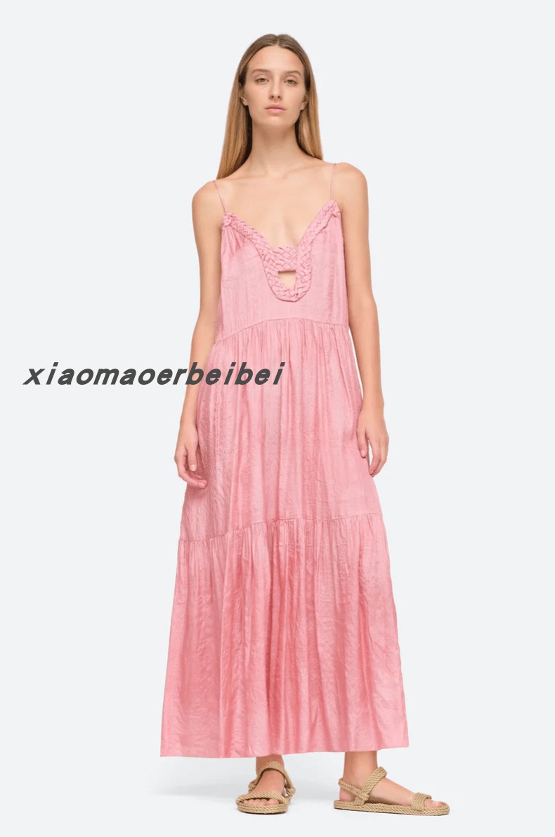 直邮Sea粉色法式 甜美气质重工真丝纯色吊带连衣裙 小猫儿美国代购