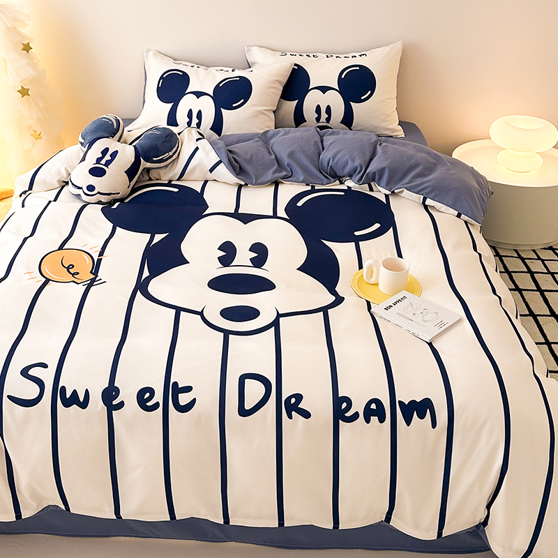 迪士尼米奇水洗棉麻床上四件套儿童床单被套学生宿舍单人三件套男