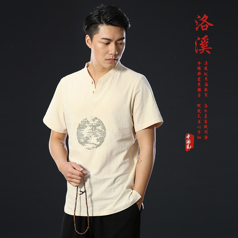亚麻棉麻短袖 中国风男装 唐装 夏装 传统服装 中式 汉服男短袖 T恤 英雄