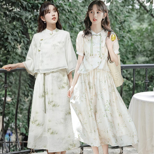 新中式 民国风禅意改良汉服元 素套装 闺蜜夏盘扣女学生小个子连衣裙