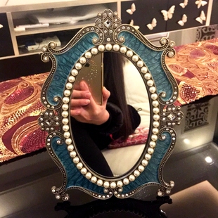 复古镜子化妆镜公主镜女台式 宿舍书桌韩国珍珠单面梳妆镜大号 欧式