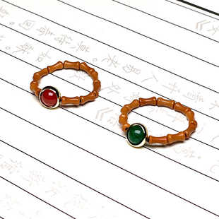 天然橄榄核竹节戒圈搭绿玉髓红玛瑙圆珠弹力戒指情侣对戒饰品
