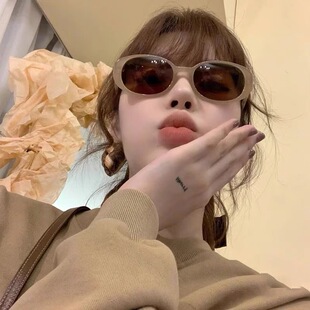 韩版 高级感奶茶色网红同款 椭圆凹造型街拍个性 太阳镜墨镜女圆脸