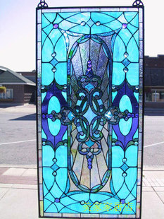 Tiffany教堂蒂凡尼雕刻工艺术钢化玻璃玄关隔断屏风窗户门芯 天蓝