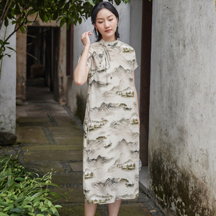 新中式 复古夏季 真丝芝麻绉长裙立领宽松改良唐装 女系带套头连衣裙