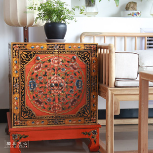 沙发边柜货郎箱小茶几卧室电话桌边几仿古中式 实木家具 彩绘藏式