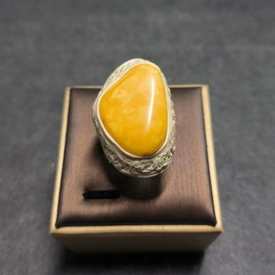 牛皮手工编制琥珀蜜蜡戒指尺寸可调节鸡油黄白花蜜收藏品aqx8