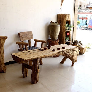 室内户外 卯榫结构老树木桌 栎木枯树桌 天然根雕茶桌 长方形餐桌