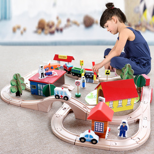 榉木制轨道火车积木小火车纯轨道木制轨道小赛车益智儿童动手玩具