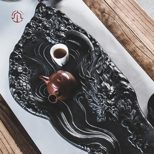 不二斋天然乌金石茶盘整块黑金石头茶海新中式 创意茶台功夫茶具