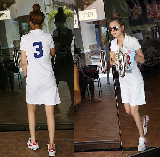 韩版 短袖 韩国白红色polo运动健身连衣裙子夏季 修身 休闲风收腰 正品