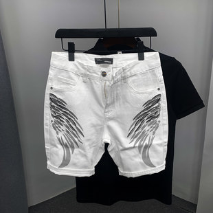 男士 时尚 潮男个性 翅膀刺绣宽松直筒休闲五分裤 夏季 白色牛仔短裤