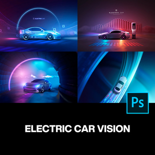 14款 未来科幻电动智能新能源汽车主视觉海报设计ps分层素材源文件