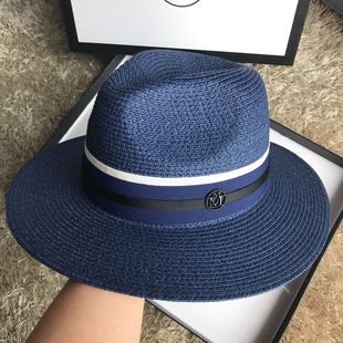 新款 草帽深蓝色平顶礼帽出游逛街凹造型遮阳防晒巴拿马帽子女 夏季