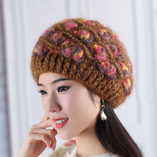 新款 秋冬帽子女帽手工编织毛线帽贝雷帽松鼠绒针织帽加绒保暖厚帽