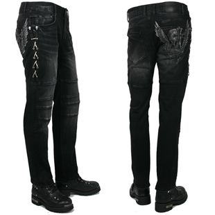 新款 韩国产刺绣骷髅牛仔裤 黑色哈雷印第安摩托车骑士骑行休闲裤