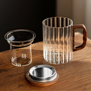 高硼硅玻璃水杯木把带盖茶水分离过滤泡茶杯竖纹三件杯办公室茶杯
