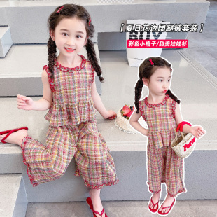 童装 女童阔腿裤 新款 儿童休闲韩版 夏季 女孩格子背心宝宝两件套 套装