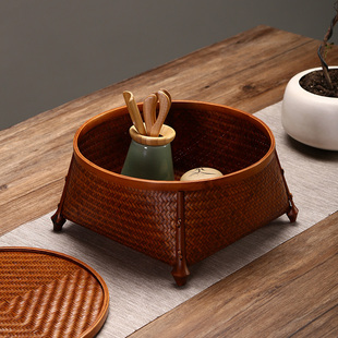 纯手工竹编日式 圆形带盖茶具收纳盒家用零食整理储物篮复古水果篮