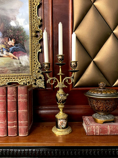 玄关桌面装 别墅客厅法式 定制高端铜配瓷烛台复古摆件美式 壁炉欧式